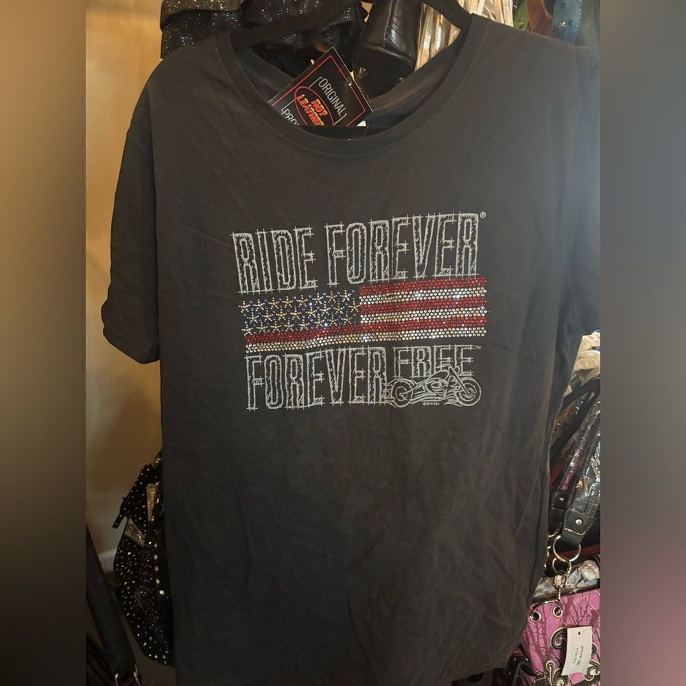 Hot Leathers Ride Forever Blingy Patriotic Tee